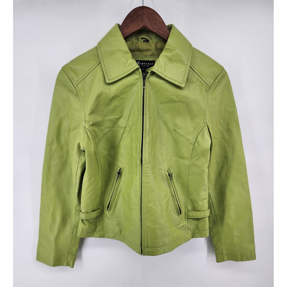 Raffaello Leather Lime Green Moto Biker Jacket Full Zip Size S